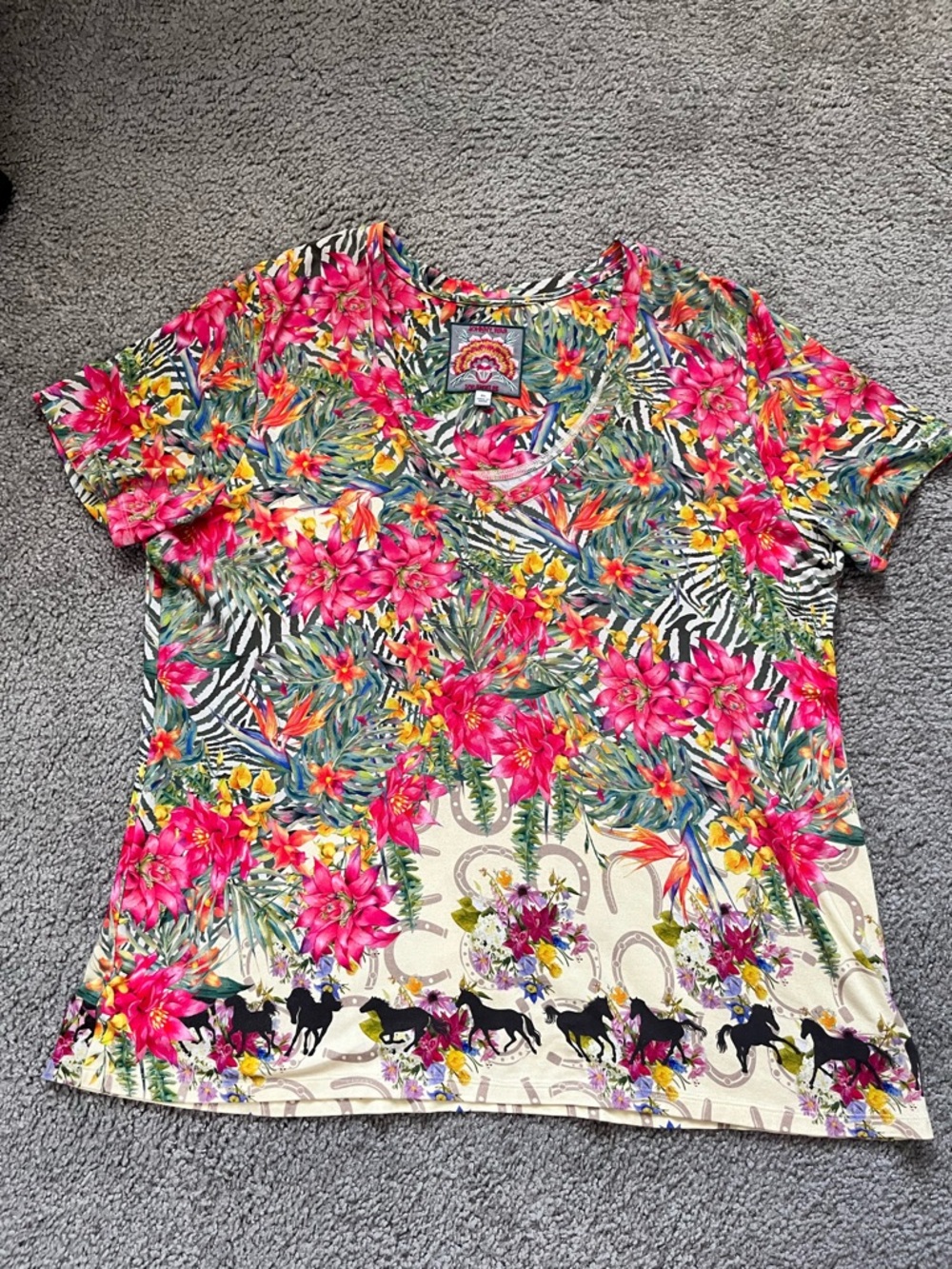 Johnny Was Pink Yellow Floral & Zebra Border Short Sleeve Tee